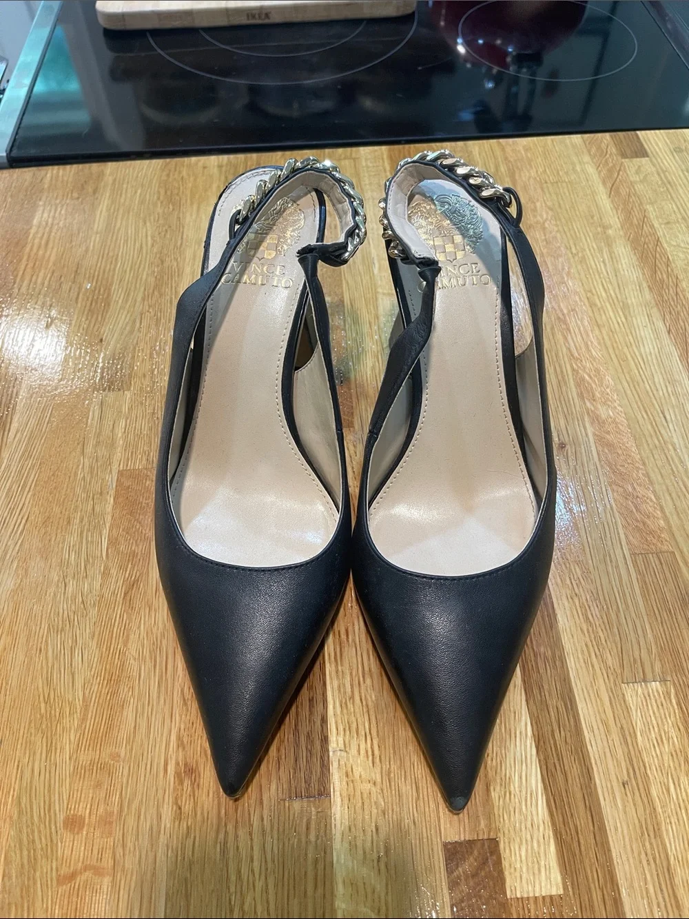 Vince Camuto Black Pointed-Toe Slingback Pumps with Chain Strap